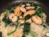 A picture of Super Healthy Cellophane noodles with shrimps mussels pork fried vegetables.