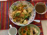 A picture of Japanese-inspired steamed vegetables and baked salmon with a miso-soy-mirin-garlic-ginger sauce.