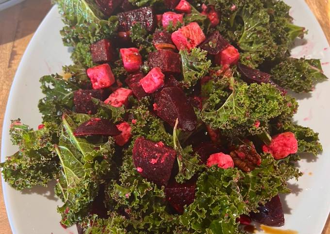 A picture of Winter Beetroot, curly kale and feta salad.