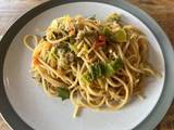 A picture of Spicy tuna and leek spaghetti with asian flavours and a citrus twist.