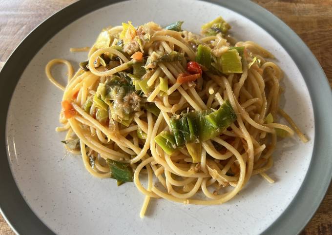 A picture of Spicy tuna and leek spaghetti with asian flavours and a citrus twist.