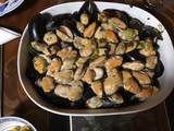 A picture of California Farm Mussels in Garlic Cream with French Fries.