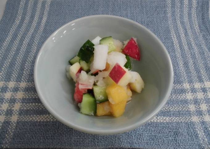 A picture of Snow “Namasu” with Crab-Flavored Seafood, Vegetables and Fruits.