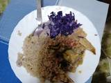 A picture of #themchallengPilau, purple cabbage and kienyenji chicken.