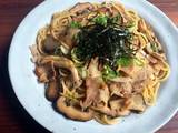 A picture of Asian Mushroom & Pork Spaghetti with Garlic Butter Soy Sauce.