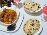 A picture of Butter veg rice with Italian meat ball and potato soup.