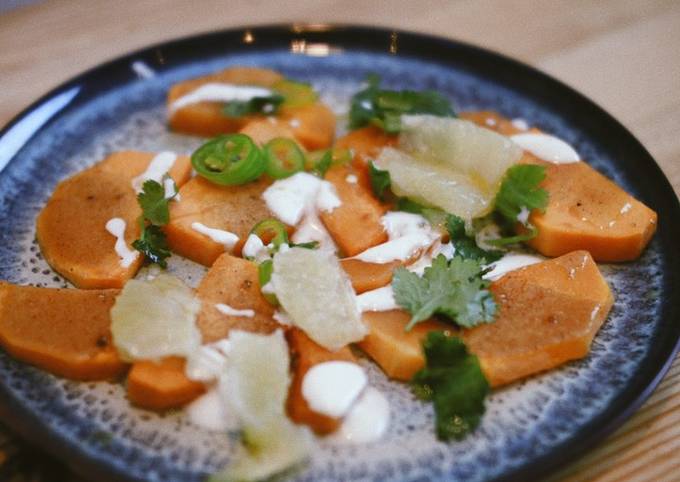 A picture of Roasted butternut squash with lime sauce.