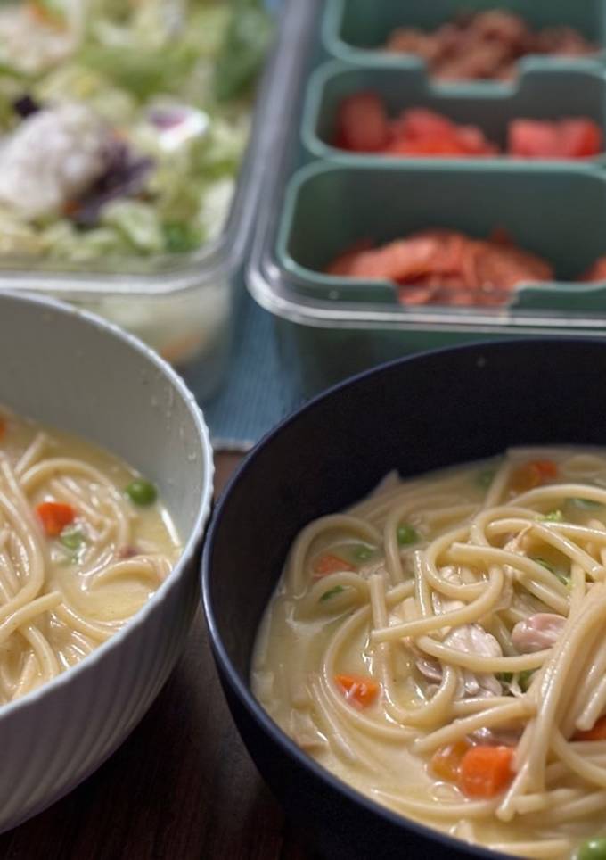 A picture of Almost homemade chicken noodle soup.