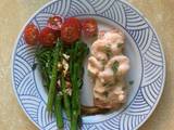 A picture of Garlic fry stirred veggies and Grilled Salmon with Prawn Cocktail.