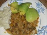 A picture of MixedBeef&cabbage and ugali with Avocado.