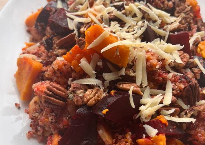 A picture of Roasted beetroot, parsnip and winter veg quinoa salad.