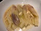 A picture of Steamed aubergine with lemon, olive oil and garlic.