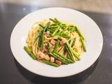 A picture of Pasta with wild asparagus and pancetta.