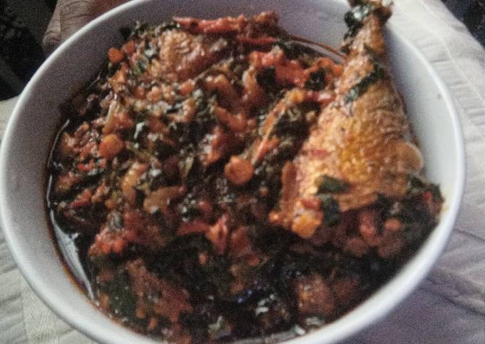 A picture of Green Pepper, Tomatoes and Ugwu vegetable Sauce.