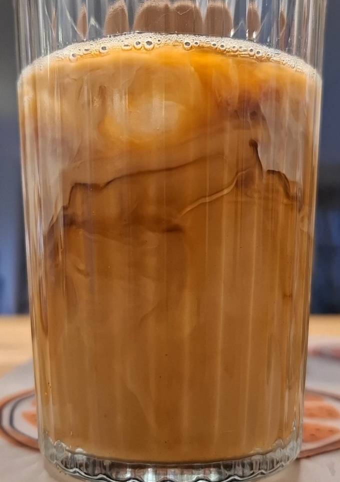 A picture of Indonesian-style Sweet Iced Coffee (manual brew) with Coconut Sugar.