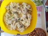 A picture of Mashed potatoes, beans & steamed cabbage dinner.