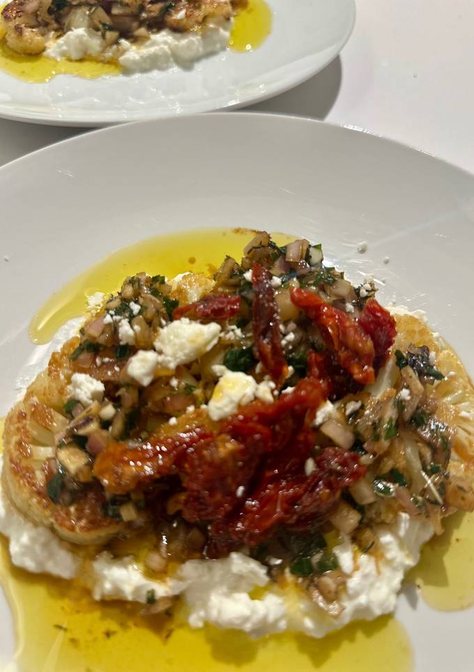 A picture of Cauliflower Steak (or Tofu Slices) with Chimichurri and Feta.