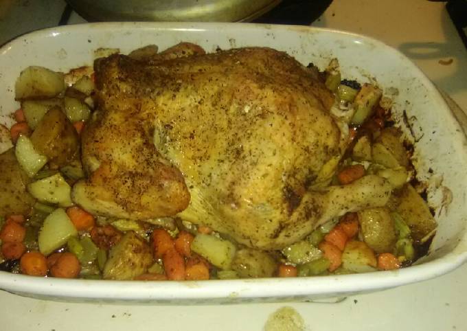 A picture of Garlic Butter and Herb Oven Roasted Chicken and Vegetables.