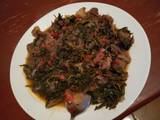 A picture of Kienyeji mix vegetables+ meat.