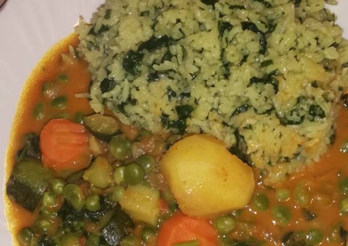 A picture of Spinach rice and vegetable curry.