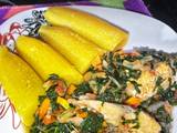 A picture of Boiled plantain and vegetable sauce.