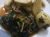 A picture of Fried yam and vegetable sauce.