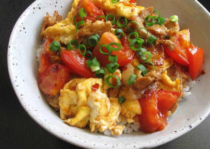 A picture of Tomato, Pork & Egg Rice Bowl.