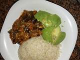 A picture of Rice eggplants curry and avocados #author marathon.