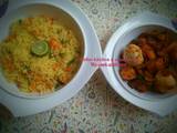 A picture of Lemon veg rice with potato and carrot soup.