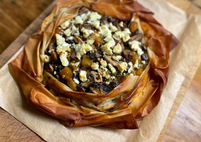 A picture of Mushroom, chestnut and banana squash filo pie.