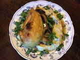 A picture of California Farm Whole Chicken in Mushroom Sauce with Mashed Potatoes.