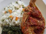 A picture of Vegetable rice,chicken,managu #maindish#teamalpha#luhyalocaldish.