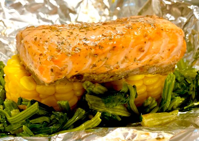 A picture of Foil Wrapped Salmon & Vegetable Grill.