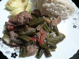 A picture of Okra mixed with meat.