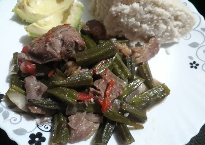 A picture of Okra mixed with meat.