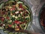 A picture of Cucumber, tomatoes, onions, avocado salad.