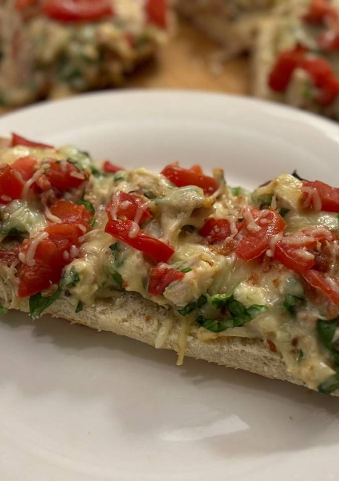 A picture of BLT Chicken Alfredo French Bread Pizza.