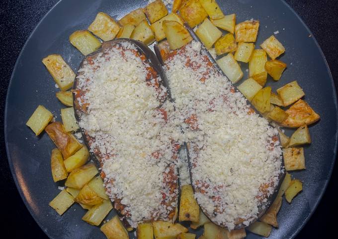 A picture of Pork stuffed aubergine.