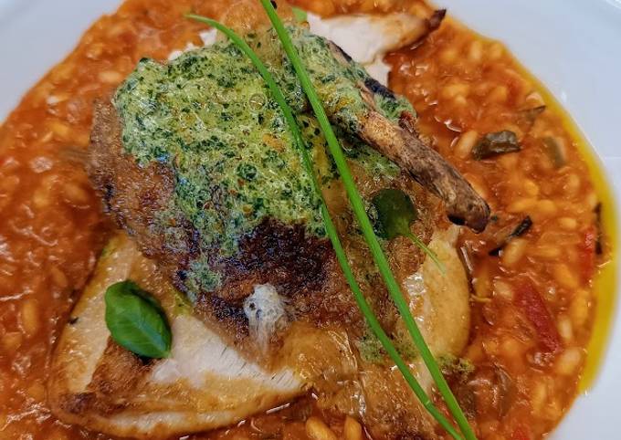 A picture of Tomato and chorizo risotto with pan fried chicken supreme and pesto compound.