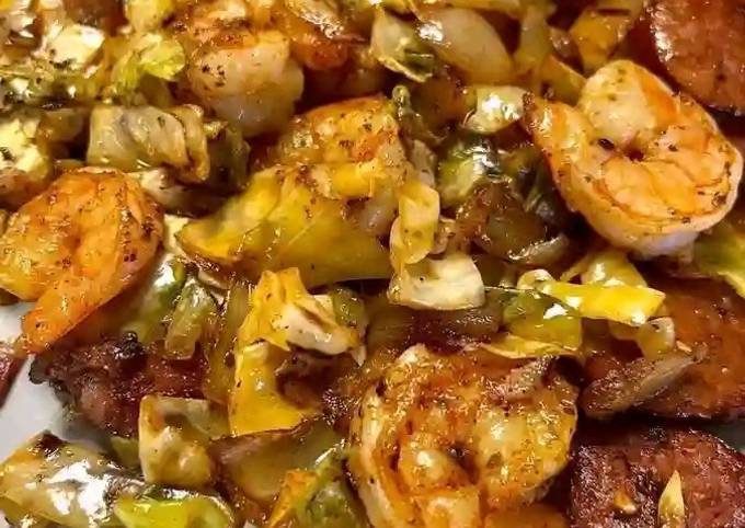 A picture of FRIED CABBAGE WITH SHRIMP, SAUSAGE & BACON.