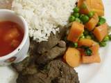 A picture of Dry fried liver, boiled rice and mixed vegetables.