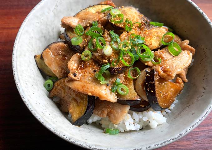 A picture of Ginger Pork & Eggplant Rice Bowl.