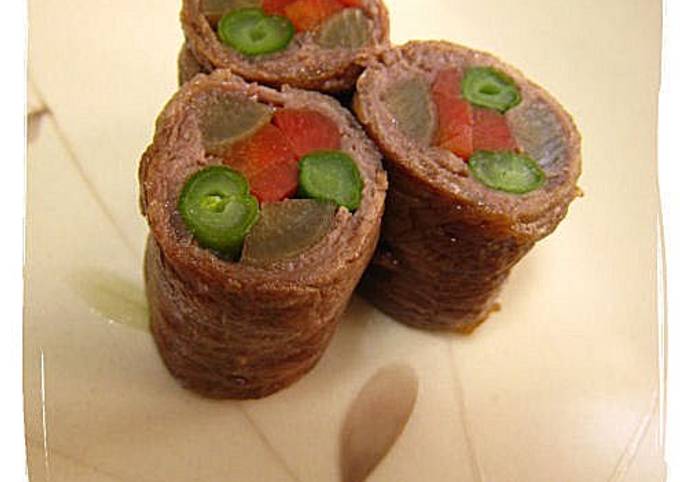 A picture of Hachiman Rolls -- Vegetable Wrapped Beef Rolls.