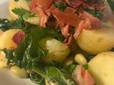 A picture of Crispy Serrano Ham with Kale and Broad Beans.