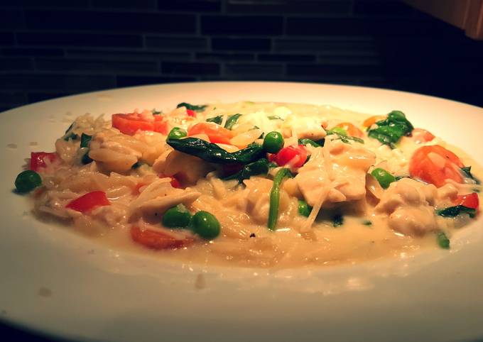 A picture of One pot 20 minute orzo chicken vegetables.