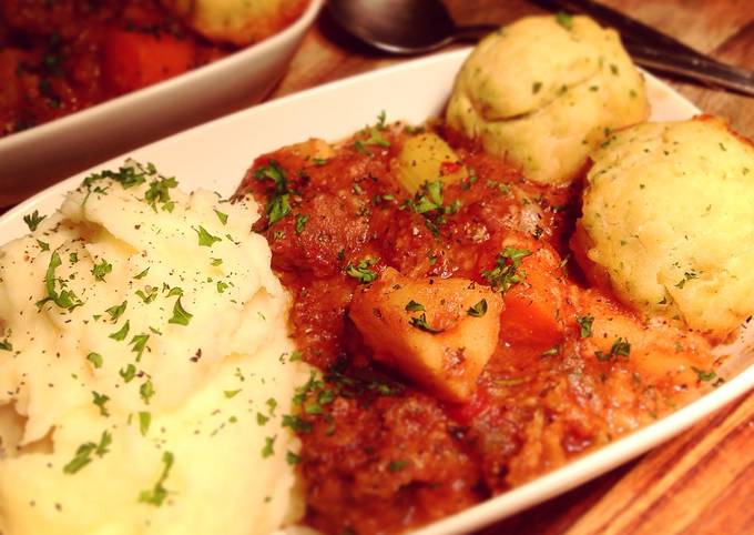 A picture of Beef & Vegetable Casserole with Parsley Dumplings.