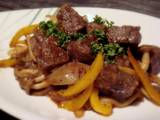 A picture of Cubed Steak with Sautéed Balsamic Vegetables.