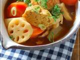 A picture of Japanese-Style Curry Soup with Fishcakes and Root Vegetables.