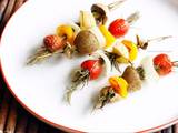 A picture of Roasted Vegetables On Rosemary Skewers.