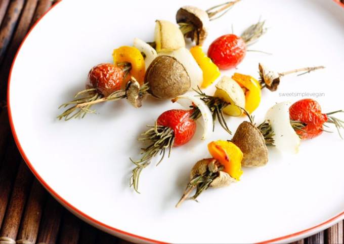 A picture of Roasted Vegetables On Rosemary Skewers.